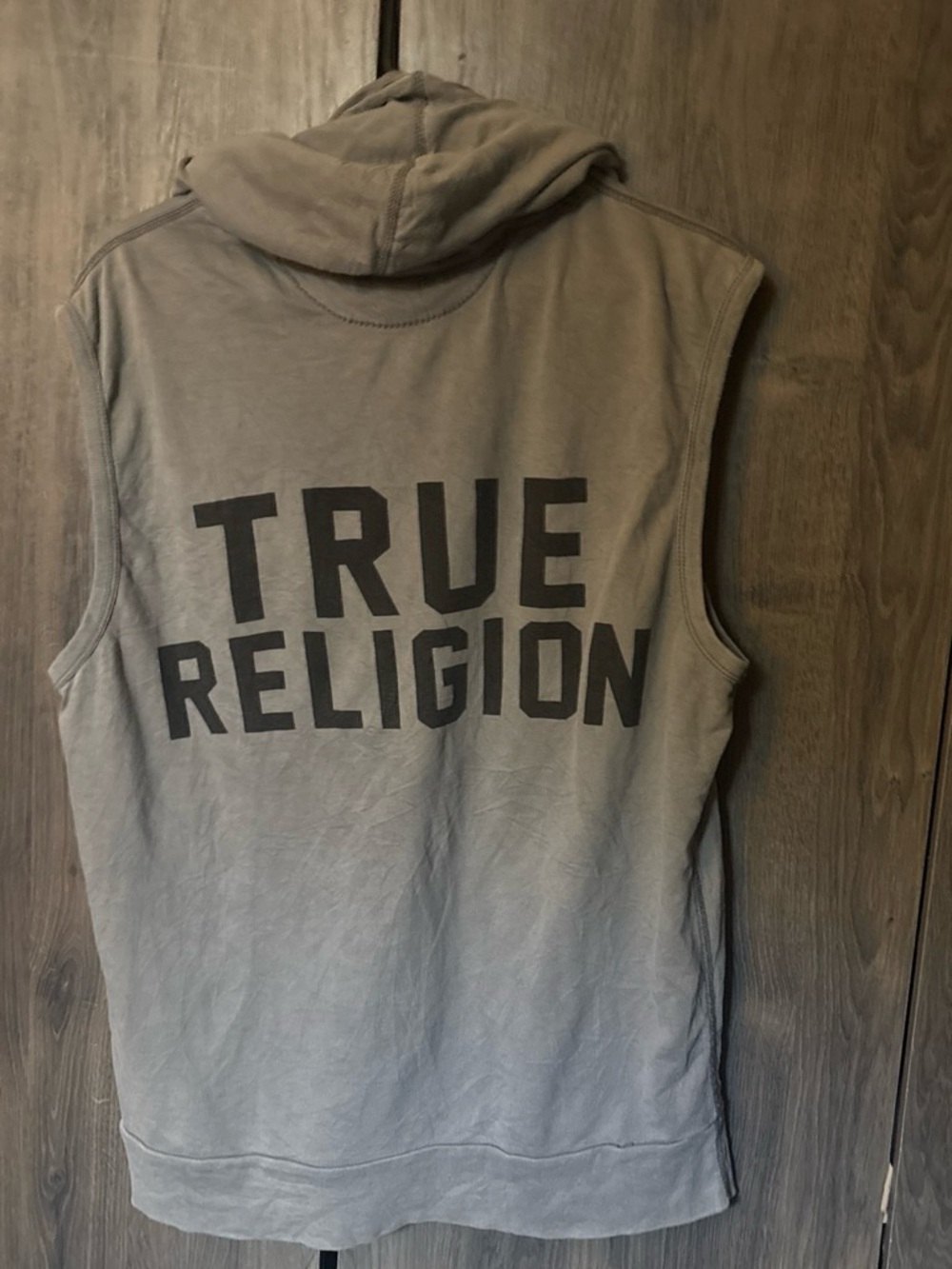True Religion Grey Sleeveless Hoodie Tank Top with Black Logo
